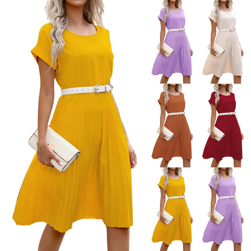 Women's Dresses Solid Color Round Neck Short Sleeve Pleated Dresses Casual Temperament Tunic Dresses