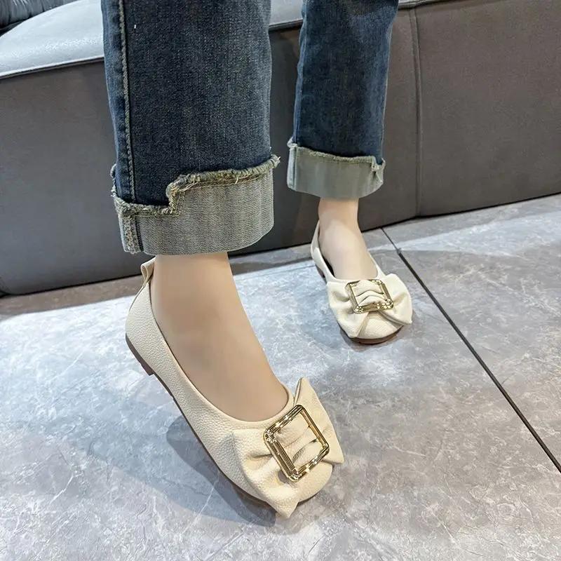 Fashion Women's Flat Shoes with Bow Round Toe White Ladies Footwear Black Harajuku Streetwear High Quality Clothing Trend 2025 Cheap