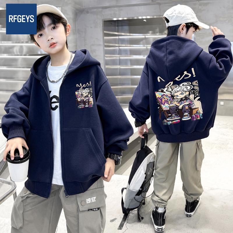 Boys' Casual Hooded Fleece-Lined Sweatshirt - Autumn/Winter Loose Fit Cardigan Jacket for Kids