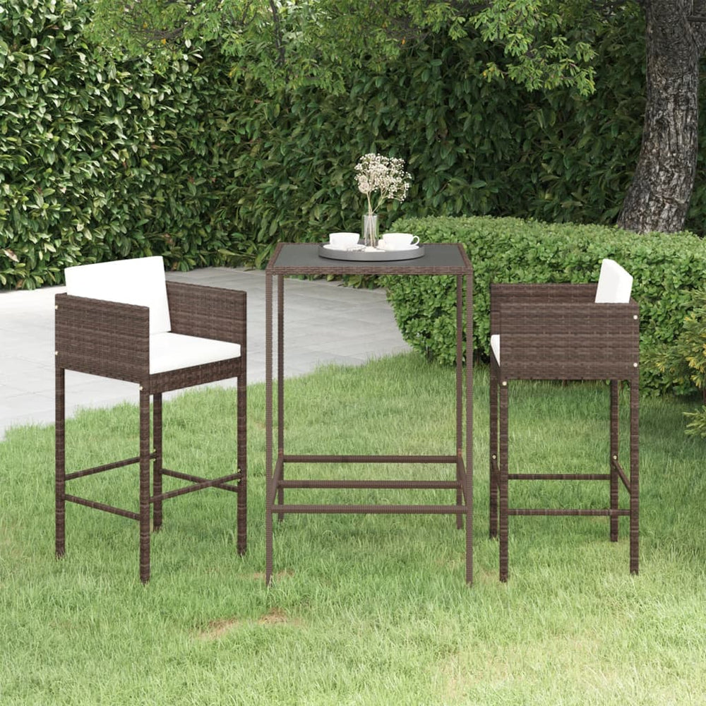 3pcs Garden Bar Furniture and Cushions Brown Wicker