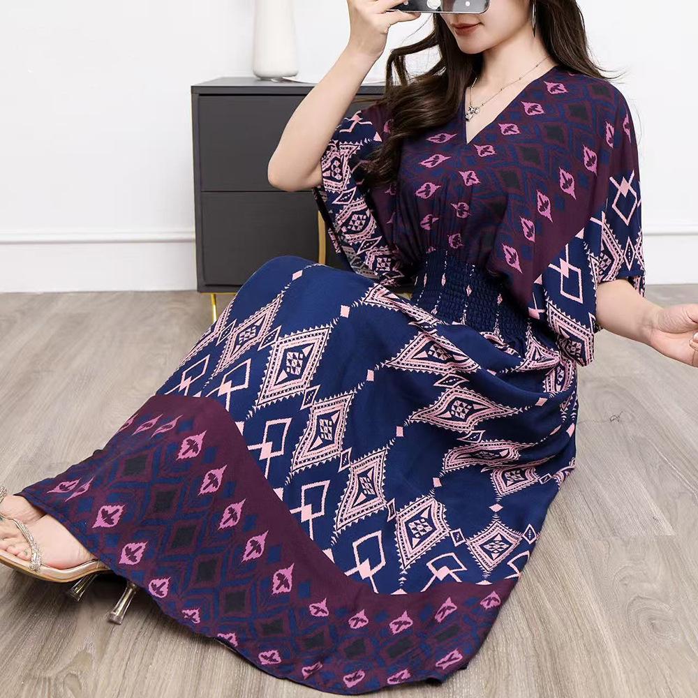 26-Year Floral V-Neck Cotton Silk Batwing Sleeve Beach Dress - Thailand Travel & Vacation Skirt Style