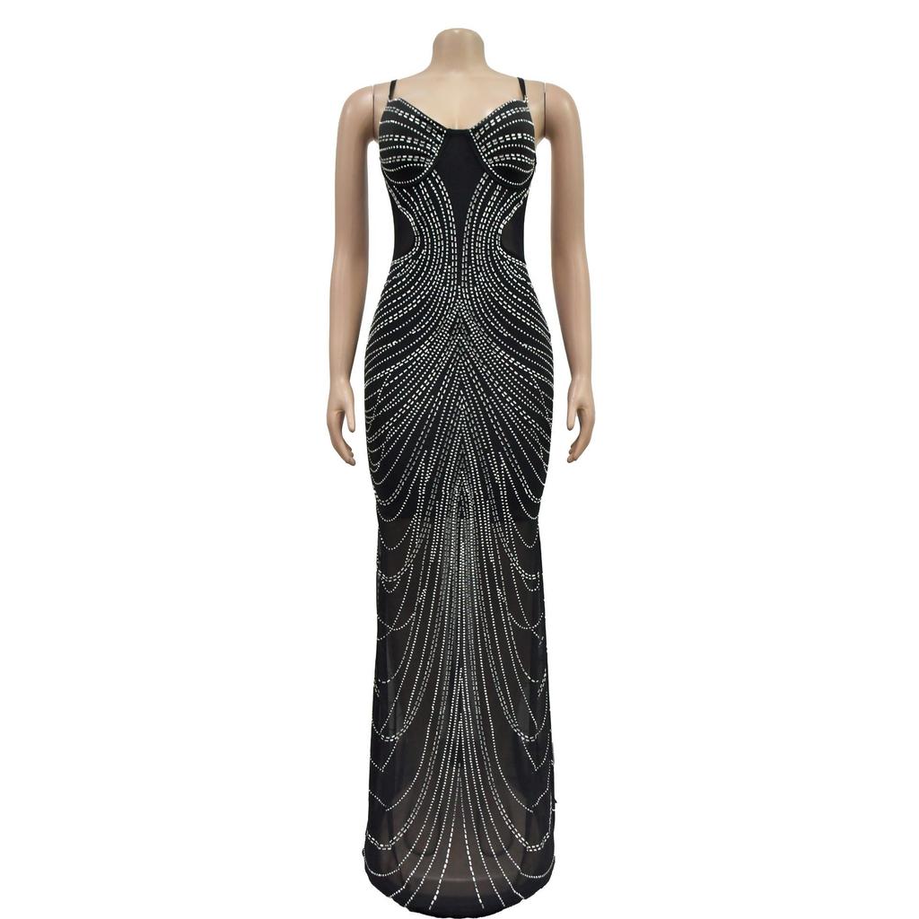 Women's Fashion Solid Color Mesh Strappy Long Dress with Hot Drilling Details