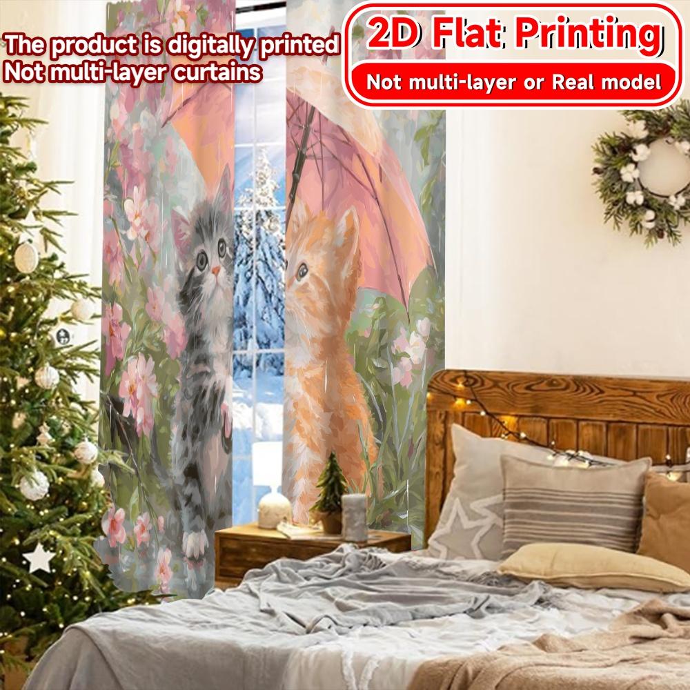 Contemporary Flat Printing Blossom Kittens Modern Curtains Versatile Polyester Festive Perfect Living Set Of 2 Made