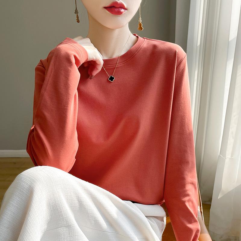 Spring Autumn Cotton Long-Sleeved T-Shirt Women's Round Neck Mercerized Cotton Bottoming Shirt Loose Top