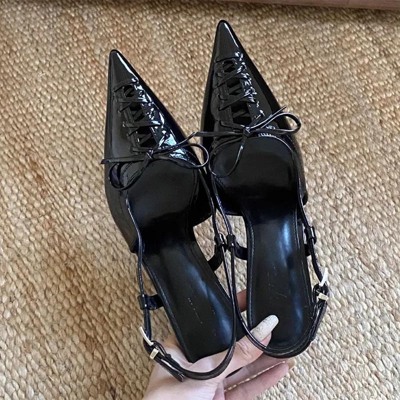 Fashion New Pointed Toe Patent Leather Strappy Design Women Pumps Elegant Thin High Heels Summer Fashion Hollow Slingback Heeled Sandals
