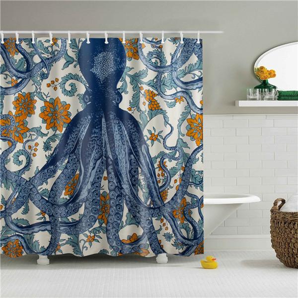 Mediterranean Animals Octopus Bathroom Shower Curtains Frabic Waterproof Polyester Bath Curtain With Hooks
