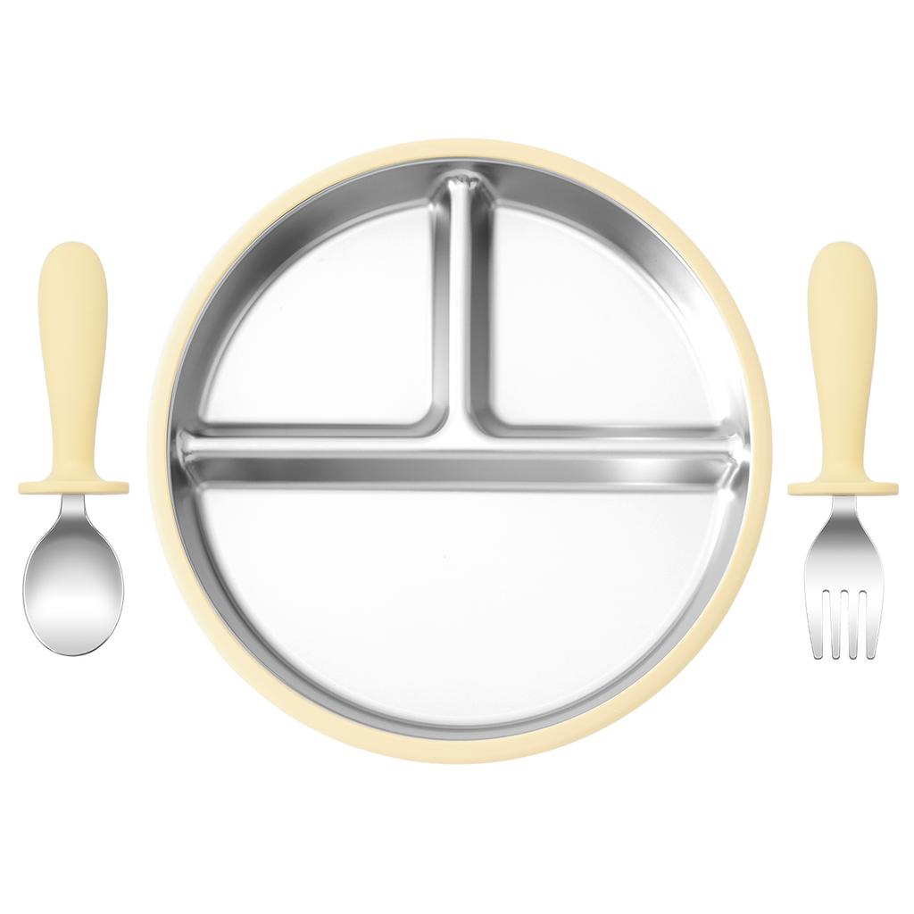 Color Kids 3PCS Stainless Steel Feeding Set Divided Plates With Silicone Sucker Toddler Training Fork Spoon BPA Free Tableware