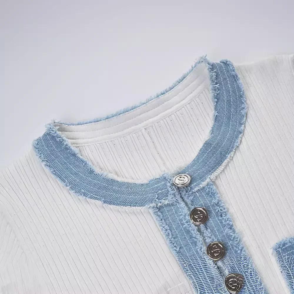 Elegantní francouzské pletené džínové svetrové šaty s krátkým rukávem