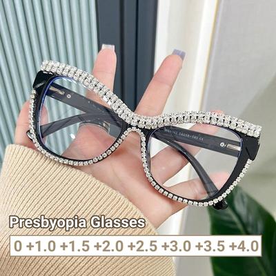 Lunettes de presbytie vintage à monture large ornées de diamants Lunettes de lecture œil de chat personnalisées Lunettes surdimensionnées anti lumière bleue