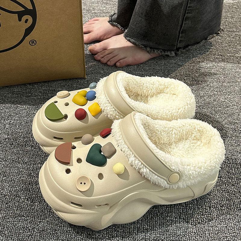 New velvet hole shoes women's winter non-slip outer wear cotton shoes heightened thick-soled home removable cotton slippers