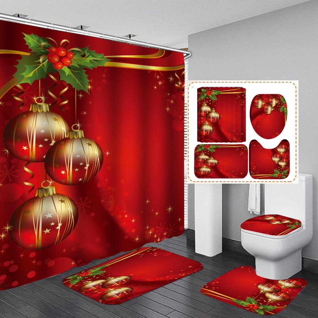 Merry Christmas Bathroom 4Pcs Set Snowman Santa Claus Pattern Waterproof Shower Curtain Toilet Cover Mat Non Slip Rug Home Decor