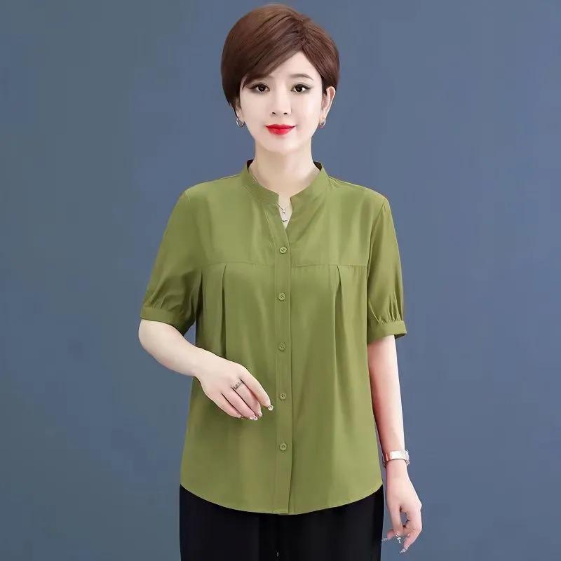 Women Stand Collar Short Sleeve Button Down Shirt Pleated Front Casual Blouse
