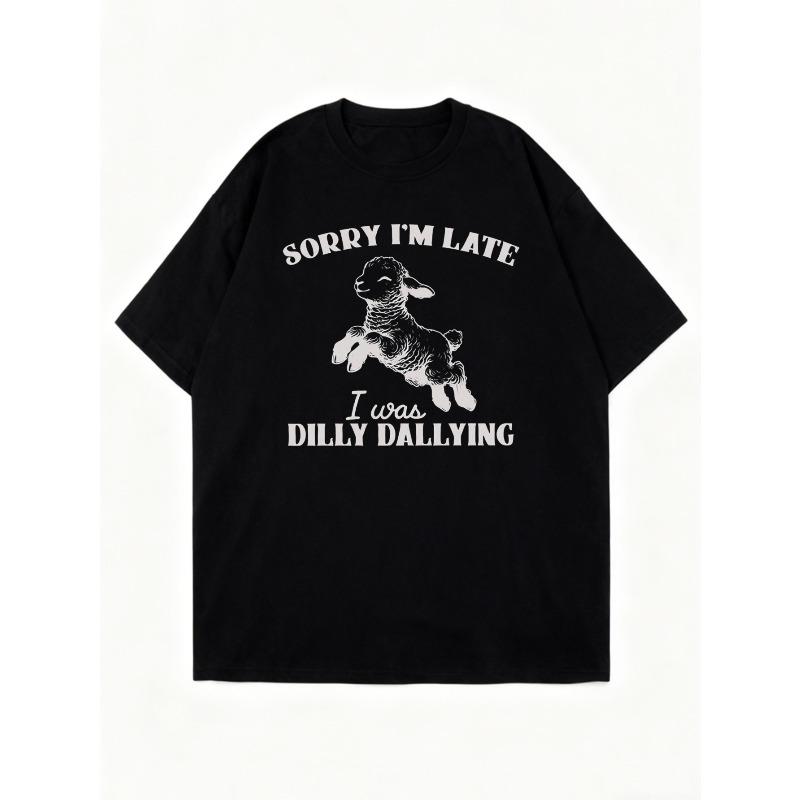 Black Oversized T-Shirt With Lamb And Text Sorry Im Late I Was Dilly Dallying Graphic Print Casual Streetwear For Women Summer Outfit