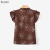 ZANZEA Womens Casual Round Neck Ruffles Short Sleeve Loose Print Blouse