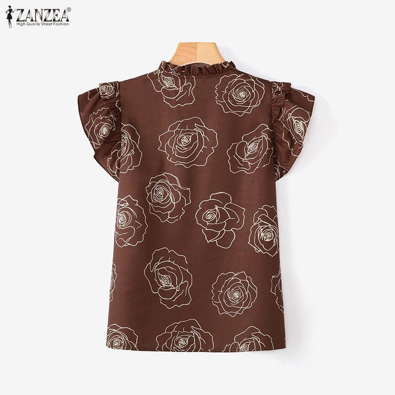 ZANZEA Womens Casual Round Neck Ruffles Short Sleeve Loose Print Blouse
