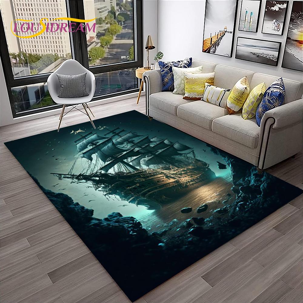 3D Pirate Ship Boat,Sailboat,Barque Carpet Rug for Home Living Room Bedroom Sofa Doormat Decor,kids Area Rug Non-slip Floor Mat