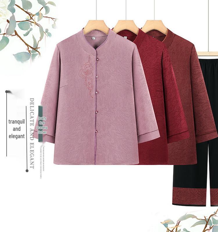Mother's Summer Tang-Style Two-Piece Set: Seven-Sleeve Shirt & Top for Middle-Aged & Elderly Ladies