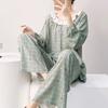 Spring and Summer New Plaid Printing Crew Neck Lace Long-sleeved Trousers Pajamas Set Women's Loungewear Loose Spot