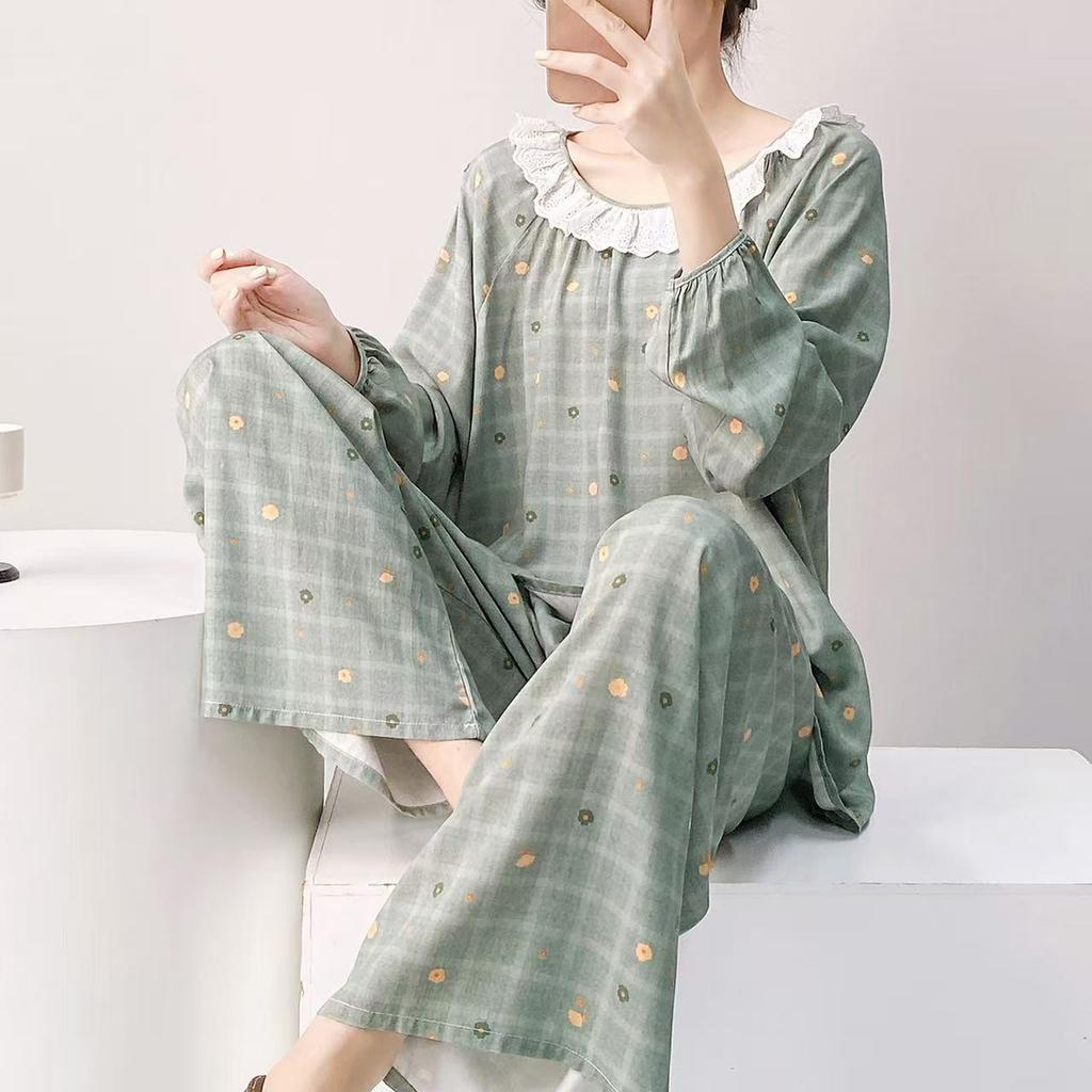 Spring and Summer New Plaid Printing Crew Neck Lace Long-sleeved Trousers Pajamas Set Women's Loungewear Loose Spot