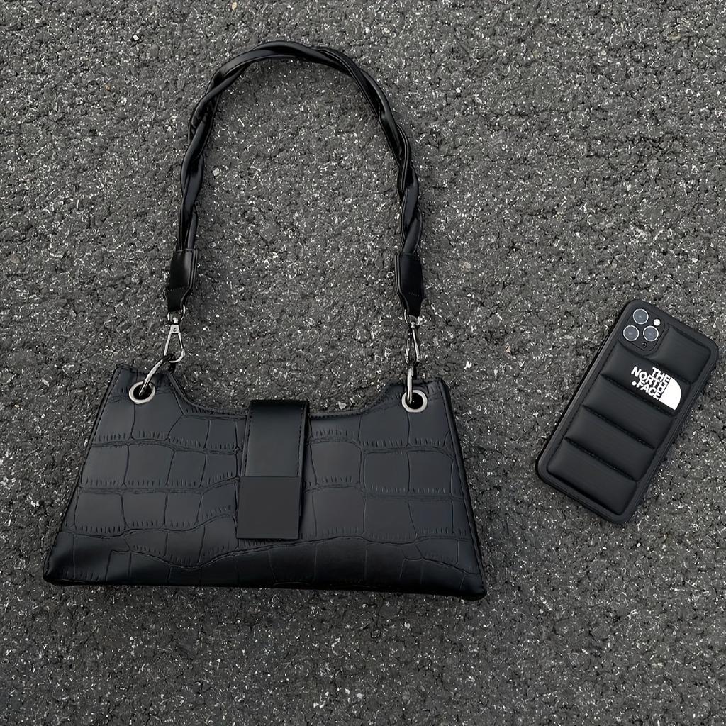 Black Crocodile Pattern Shoulder Bag for Women - Adjustable Strap, Magnetic Closure, Retro Style, Sleek Design with Golden-Tone Hardware