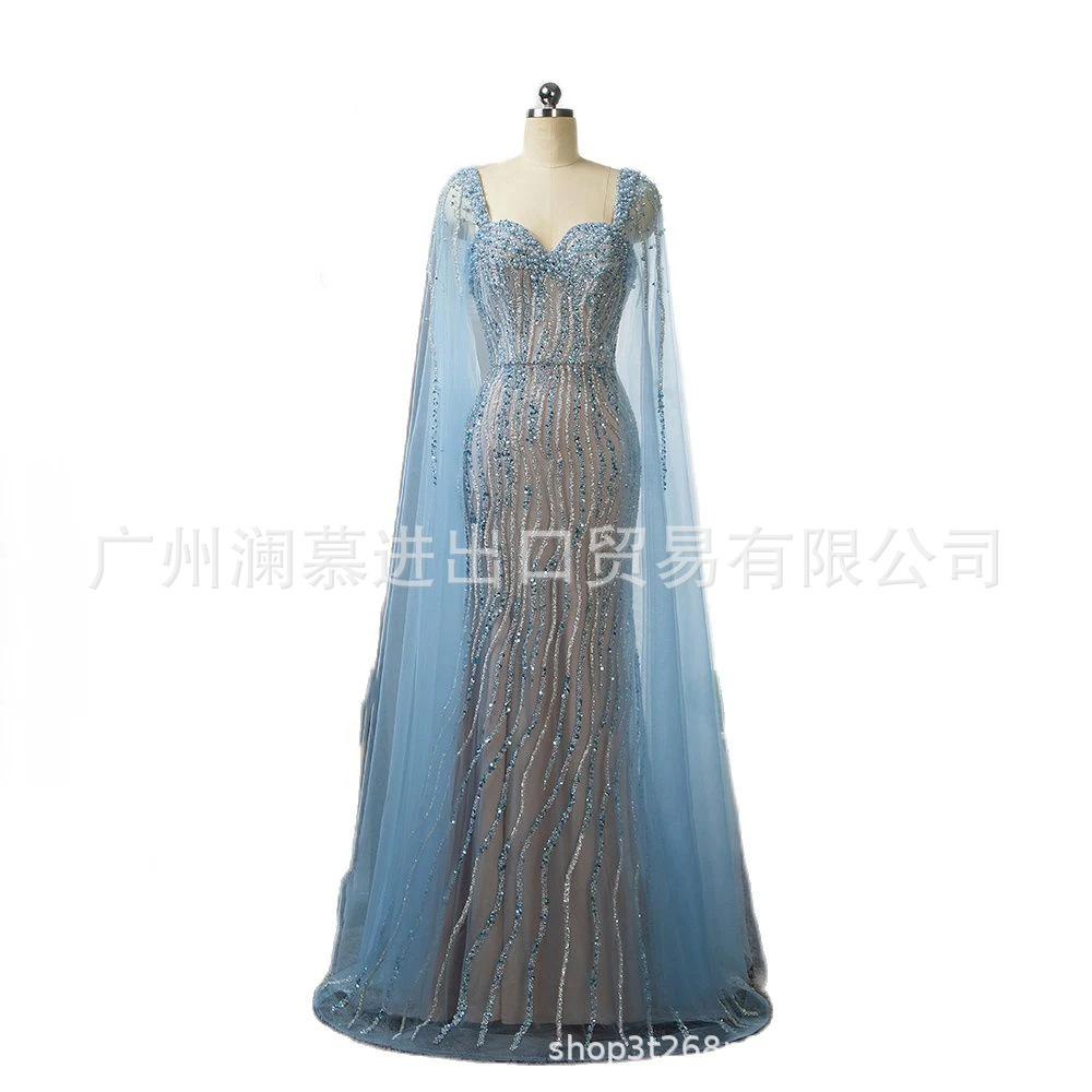 European and American high-end blue elegant flying sleeves fishtail dress banquet host performance evening dress LA11111