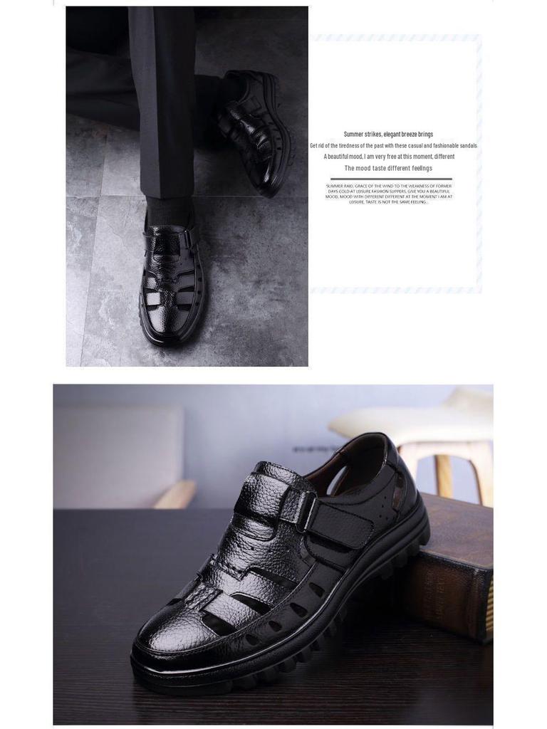 Męskie sandały z prawdziwej skóry z ażurowym wzorem - Oddychające letnie modne buty dla taty