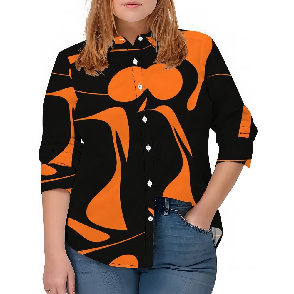 New large size women's long-sleeved printed shirt, digitally printed versatile elegant shirt orange and black abstract pattern style