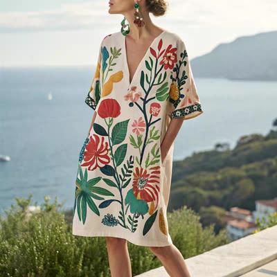 New Casual Printed Beach Dress, Loose Long Robe, Vacation V-neck Cotton and Linen Midskirt
