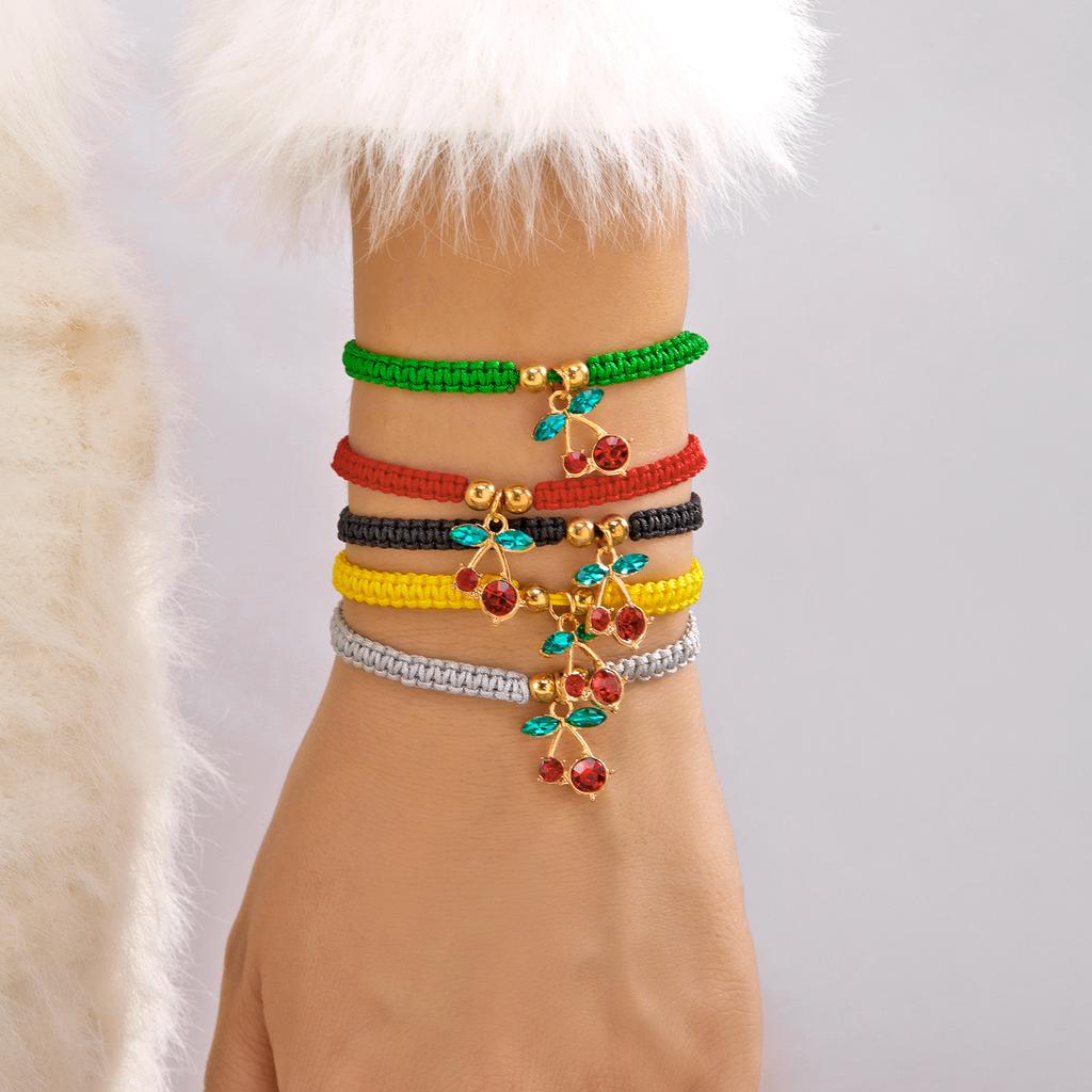 Fashion Simple Rhinestone Cherry Braided Bracelet for Women Delicate Colorful Charm Rope Bracelet Girls Party Jewelry Gift