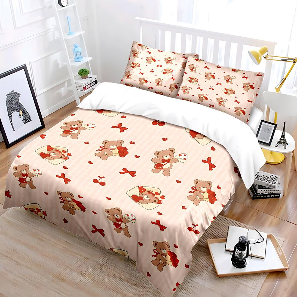 3PC Cute Teddy Bears and Hearts Print Bedding Set 1 Duvet Cover 2 Pillowcases for Adult and Children Luxury Gift Full Size