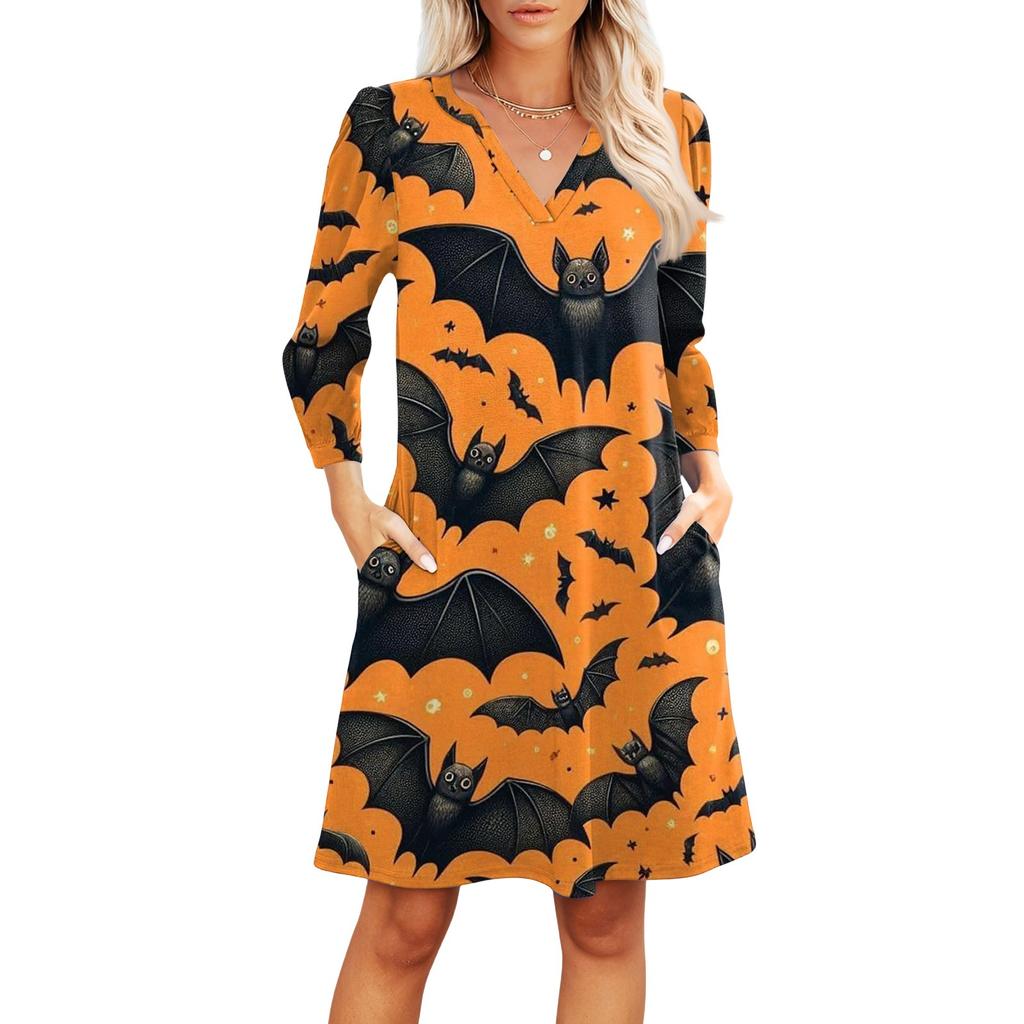 Damenmode V-Ausschnitt Lässiges Strandkleid Dreiviertelärmel Halloween-Print Kleid
