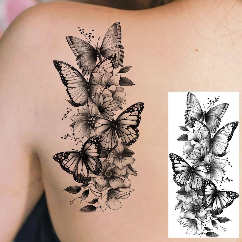 1 Sheet Realistic Butterfly Snake Flowers Temporary Tattoos Waterproof Long Lasting 3D Temp Fake Tattoo Sticker For Women Girls