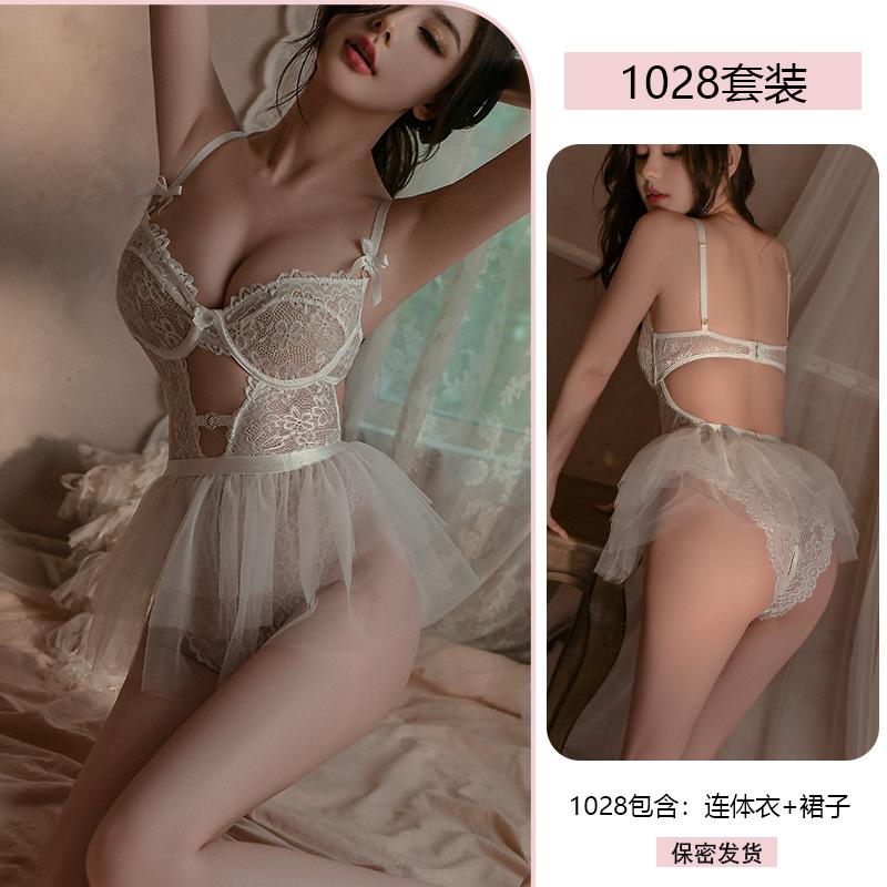 Erotic Underwear Sexy Lace Seductive Jumpsuit Puffy Skirt Set Pure Desire to Open Crotch Uniform Pajamas 1028