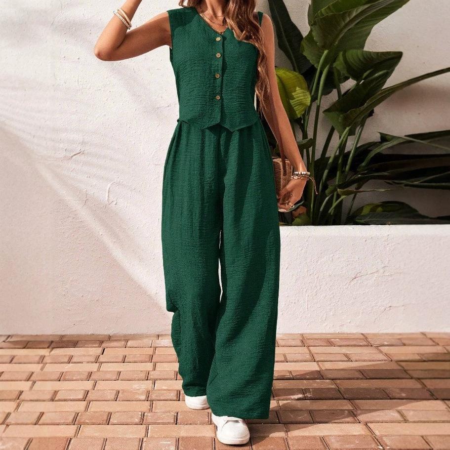 Completo da Donna 2 Pezzi Canotta Senza Maniche Scollo a V con Bottoni Pantaloni a Vita Alta Gamba Larga Set Coordinato in Tessuto Testurizzato Casual
