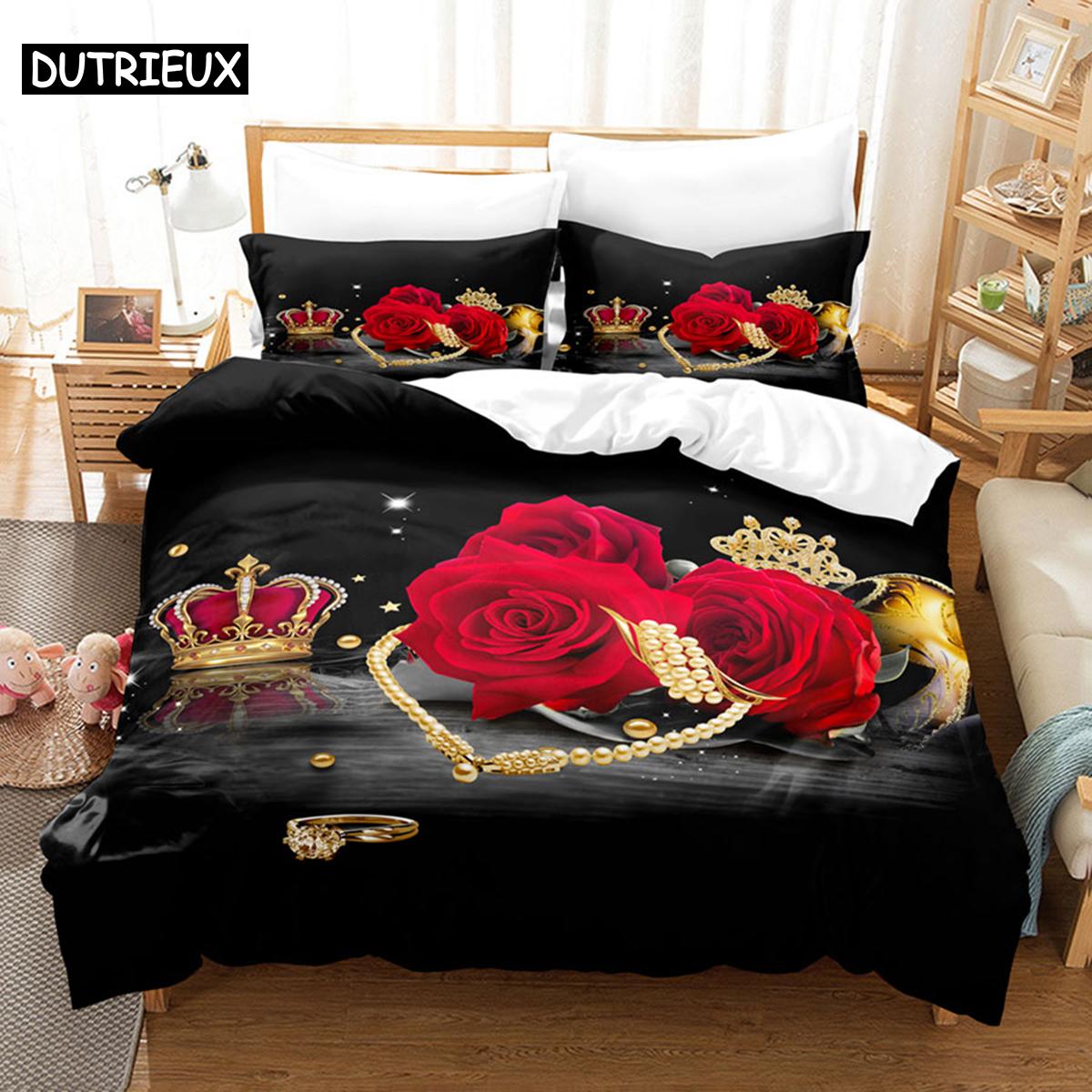 3D Red Roses Duvet Cover Set with Flower Pillowcase - Available in Queen, King, Full, Single, Double Sizes (135x200cm)&Duvet Cover