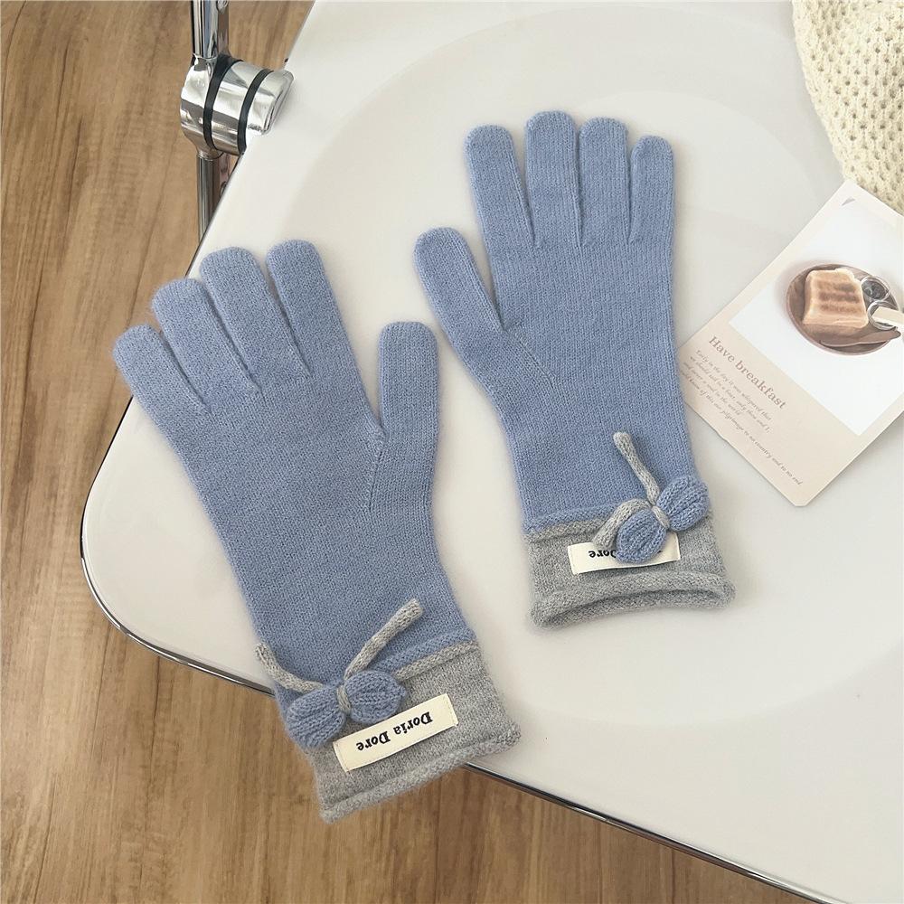 Bow Gloves for Women In Winter Korean Style Versatile Student Cute Five Finger Wool Knitted Couple Men Warm Riding