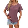 Women's Round Neck Short Sleeve Waffle Knit Top Straight Fit Casual Hollow Lace Patchwork Solid Color T Shirt Blouse