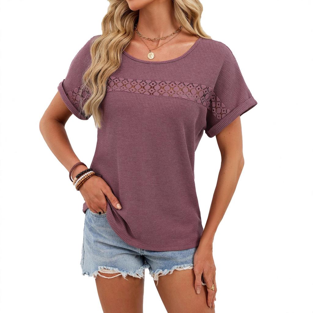Women's Round Neck Short Sleeve Waffle Knit Top Straight Fit Casual Hollow Lace Patchwork Solid Color T Shirt Blouse