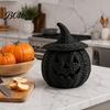 Halloween Pumpkin Figurine Faux Rattan Figurine, Black Resin Statue with Witch Unique Matte Hat, Rustic Wicker Tabletop Ornament for Party Home