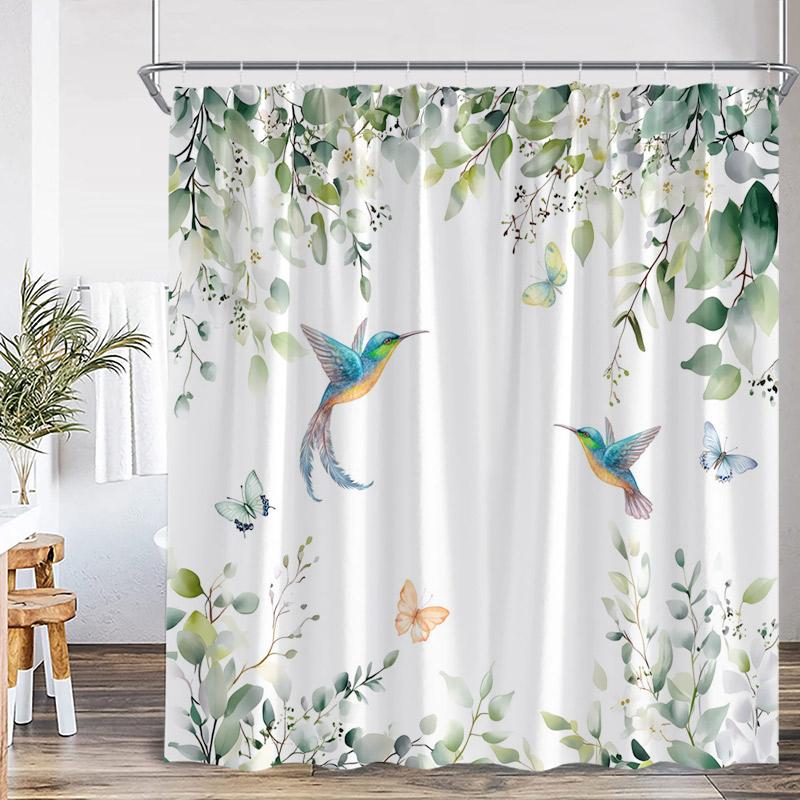 Floral Hummingbird Shower Curtains Watercolor Flowers Butterfly Dragonfly Birds Plant Bath Curtain Modern Fabric Bathroom Decor