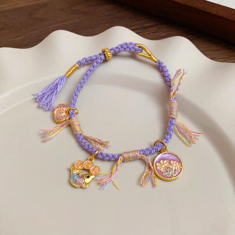 Chinese Style Woven Cotton Rope Geometric Bracelet with Copper Coin Design - Versatile, Fashionable, and High-end Jewelry