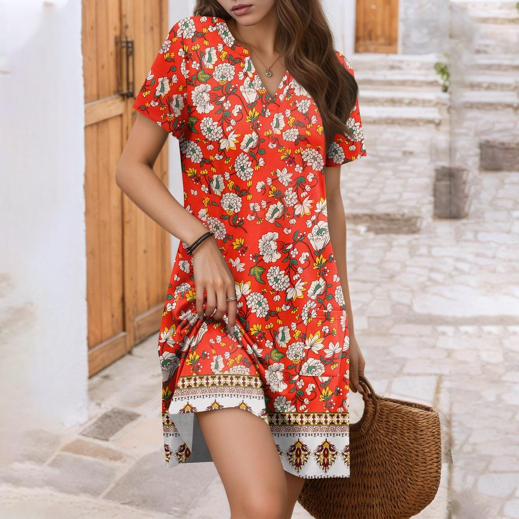 Women's Dress Casual V Neck Wedding Guest Dress Short Sleeve Fashion Beach Vacation Clothing