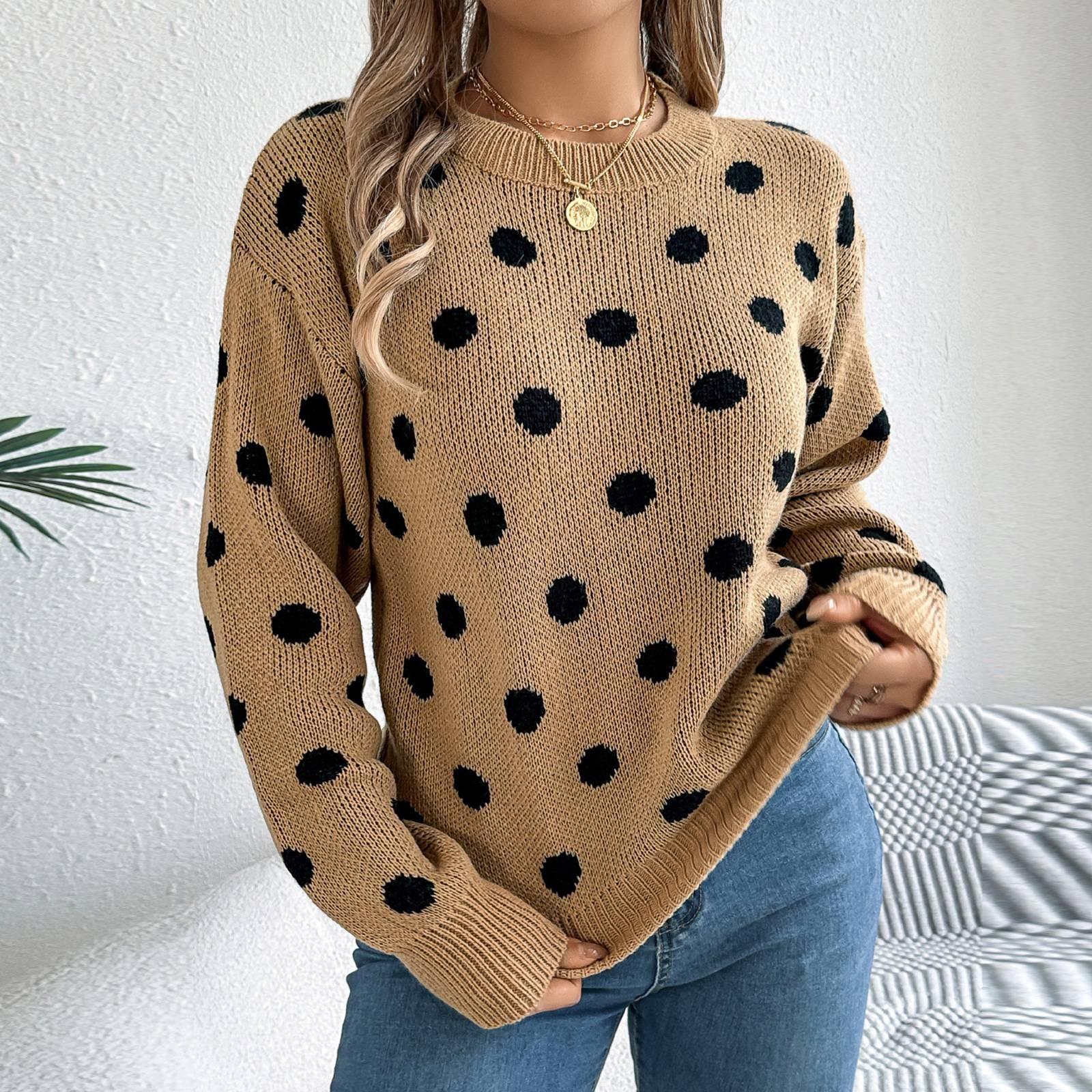 

Женская мода повседневный свободный свитер в контрастный горошек с длинным рукавом пуловер топ XL хаки