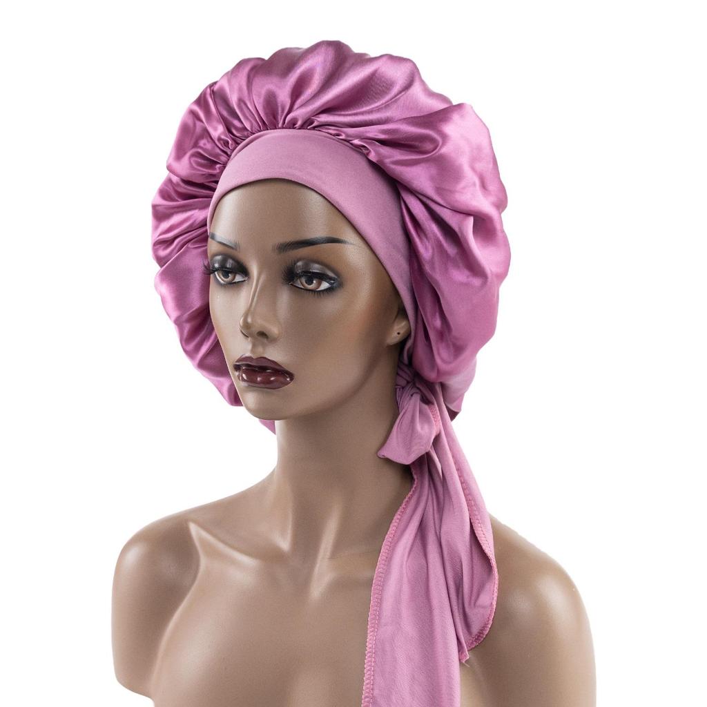 Satin Nightcap with Wide Elastic and Long Tail - Extra Large Women's Ribbon Shower Hat