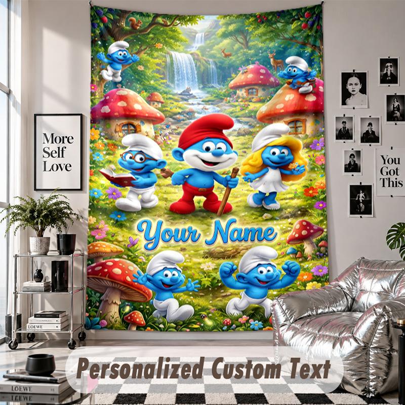 Wall Hanging Tapestry With Custom Name & Text, Smurfs Decorative Tapestry For Bedroom