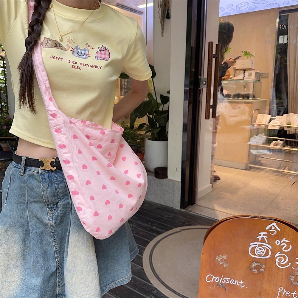 Chic Double Layered Canvas Crossbody Bag With Heart Design For Fashionable Girls