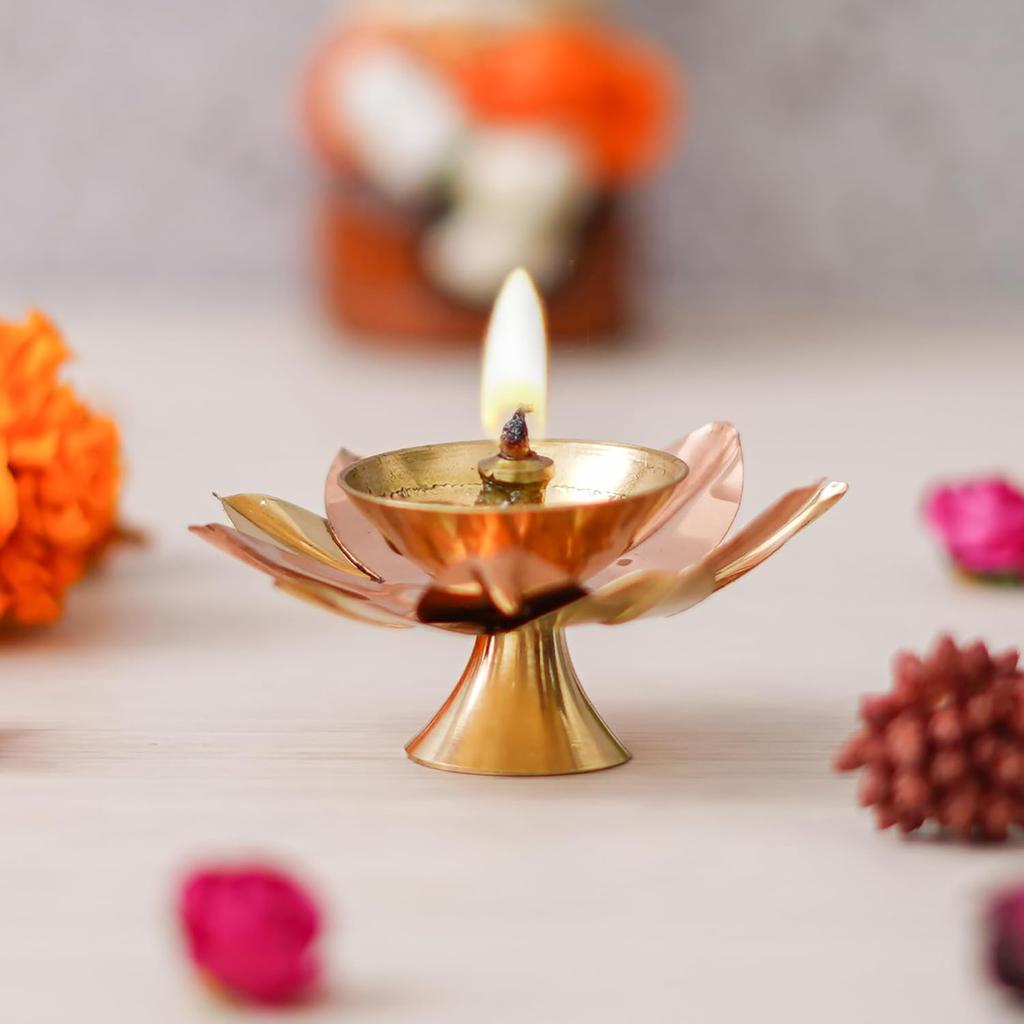 Golden Lotus Flower Shape Decorative Brass Diya for Diwali Pooja | Diwali Diya for Puja |  | Diwali Decoration Items for Home Decor