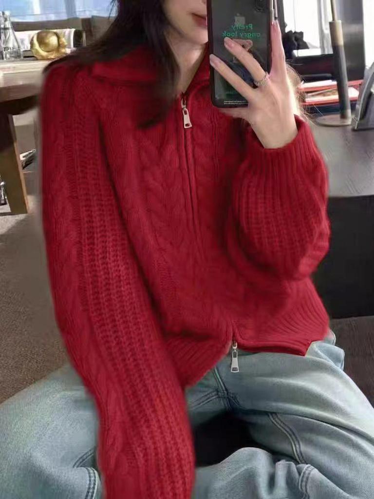 Women's Autumn-Winter Thick Pure Wool Half-Zip Lapel Cable Knit Cardigan Sweater