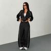 Lässiger gestreifter Sportanzug für Damen, Stehkragen mit Reißverschluss, kurze Jacke, Hose mit weitem Bein, zweiteiliges Set, modischer Break