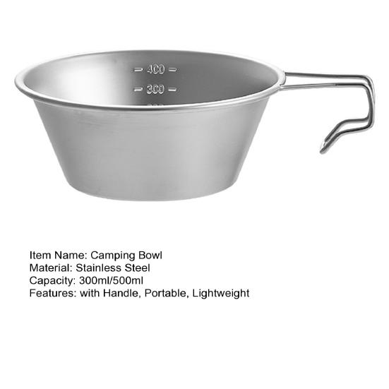 300/500ML Stainless Steel Camping Bowl with Handle Portable Lightweight Outdoor Hiking Picnic Soup Dish Bowl Cup with Scale
